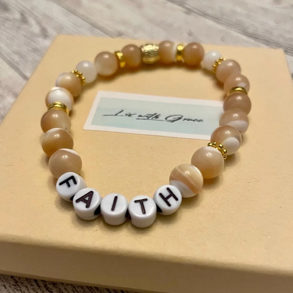 Faith Letter Bracelet Polished Mother of Pearl tan & white, stretch, gold, boxed